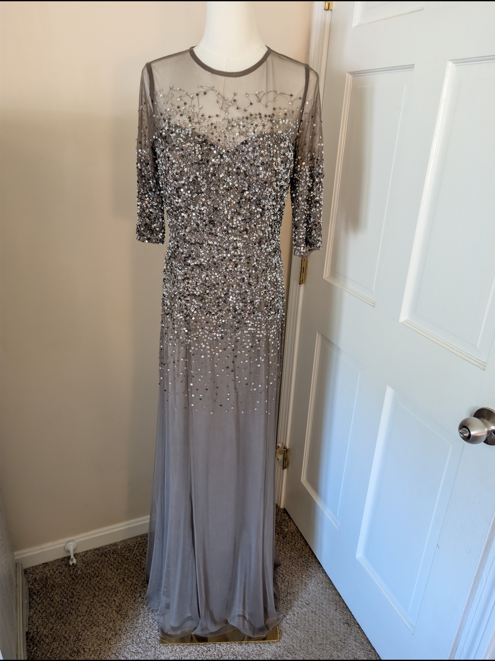 Adrianna Papell Sequin Illusion Mesh Gown Taupe Gray 3/4 Sleeve Maxi Dress 8